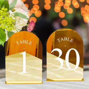  Arch Wedding Table Numbers 1-30 with Stands 5" X 7" Acrylic Mirrored Gold Table Number Holders, Perfect for Wedding Receptions, Parties, Anniversaries, and Events (Gold White Font)