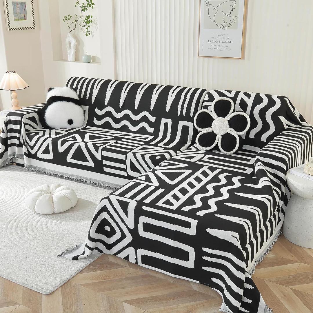 OstepDecor Boho Sectional Couch Covers 2 Pieces, L Shaped Sofa Cover, Chenille Couch Cover for Dogs Washable, Couch Cover Blanket, Sofa Slipcover for 2-3 Cushion Couch (71"x118"+91"x134", Black)