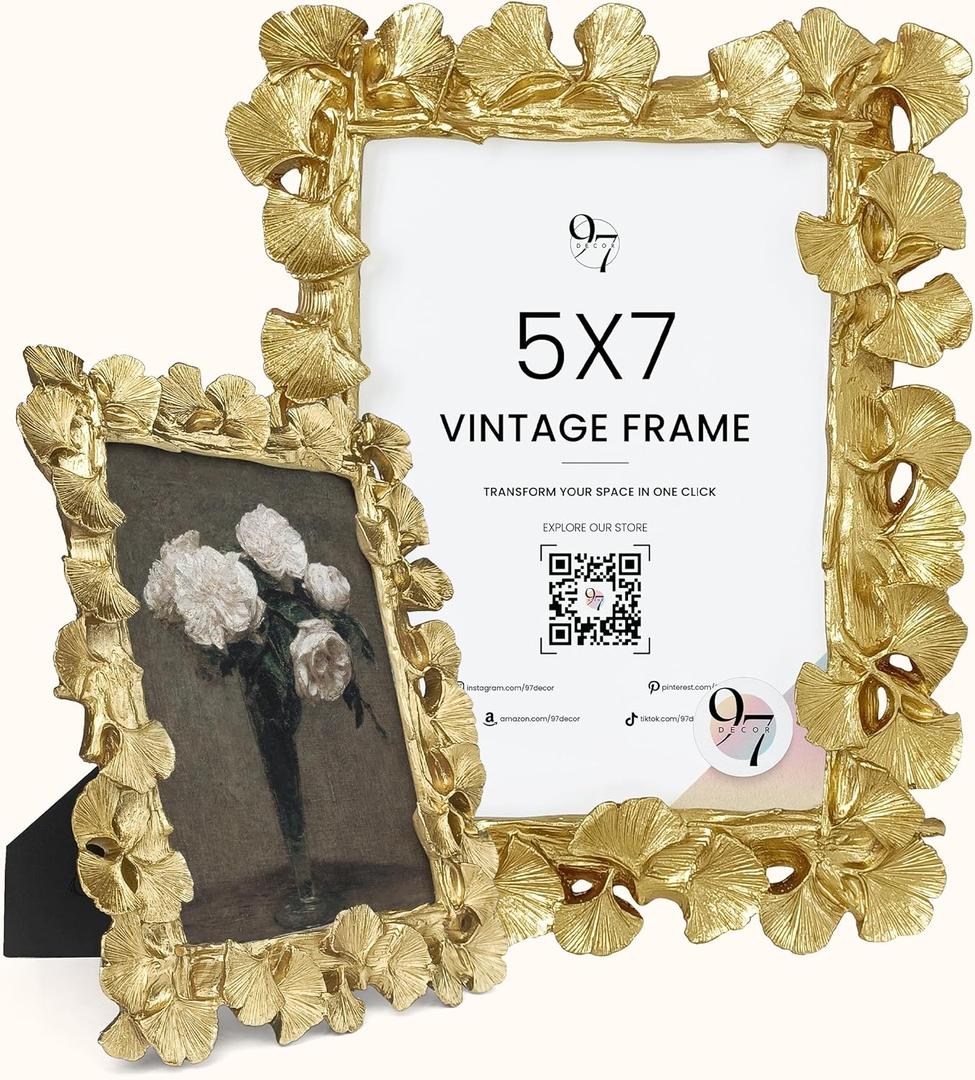 97 Decor Vintage Gold Picture Frames 5x7 - Fancy Gold Vintage Picture Frames 5x7, Cute Golden Ornate Frame 5 X 7, Decorative Antique Frame 5 By 7 For Tabletop And Wall Hanging, Antique Wall Decor (Ginkgo)