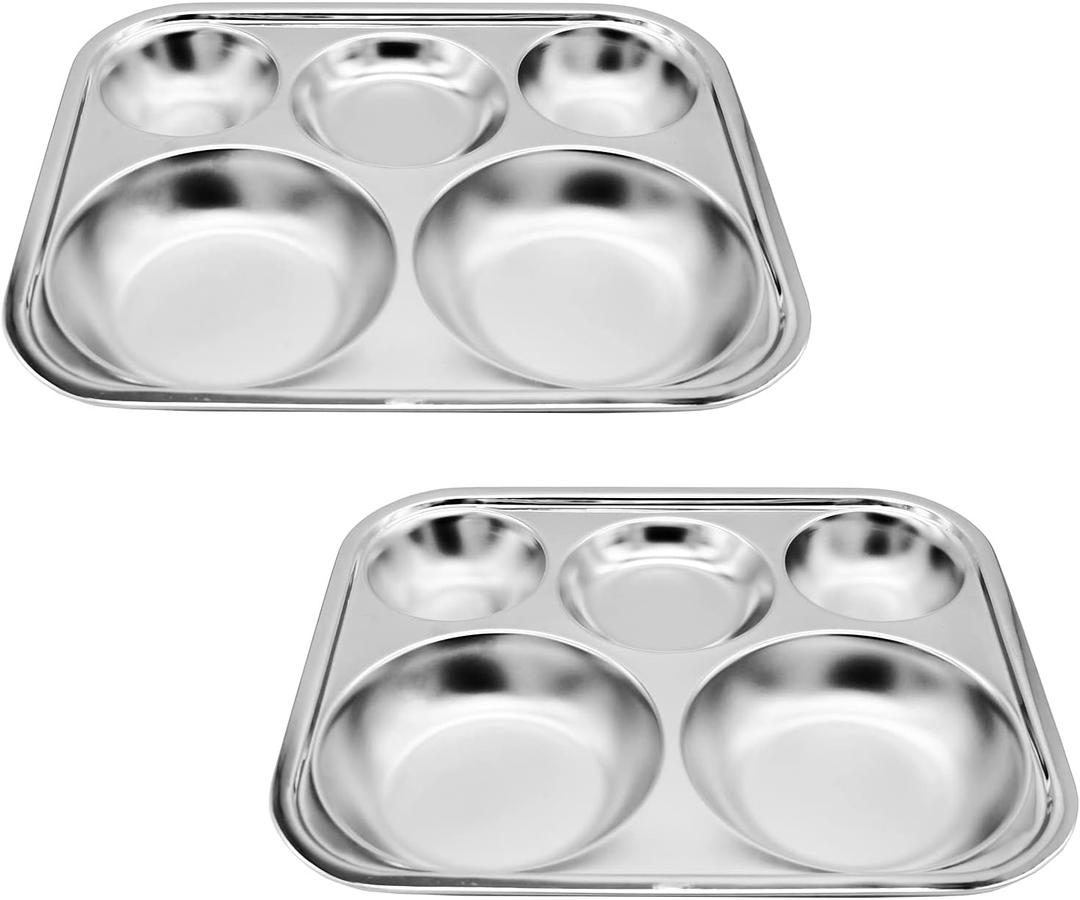 Korean Stainless Steel Divided Plates, Food Grade 304 Tray Large Size for Adults, Teens, Picky Eaters, Campers, BPA Free, Diet Portion Control, Serving Platter, Dinner Snack, Set of 2 (5 Compartments(13x11Inch))