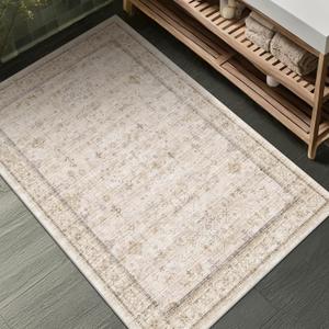 Farmhouse Bathroom Rug 2x3 Beige, Machine Washable Small Non Slip Indoor Entryway Area Rug, Low Pile Thin Neutral Vintage Design for Bedside, Kitchen (Light Sand Beige)