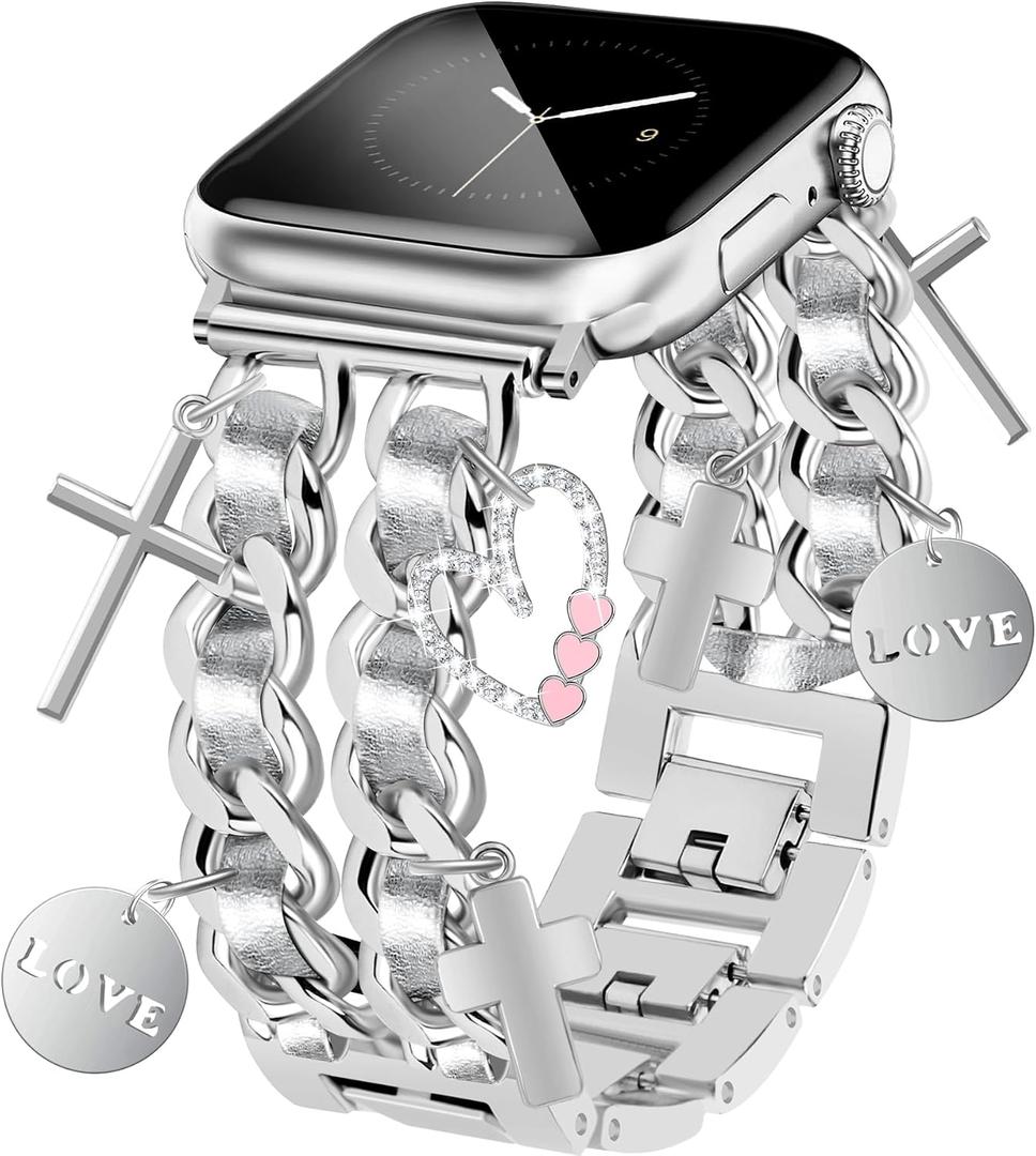 Silver Watch Bands for Women Compatible with Apple Watch Band 46mm 42mm(S3/2/1) 44mm 45mm 49mm Adjustable Unique Charms Metal Strap Chain Bracelet for iWatch Series 11/10/9/8/7/6/5/4/3/2/1/SE/Ultra