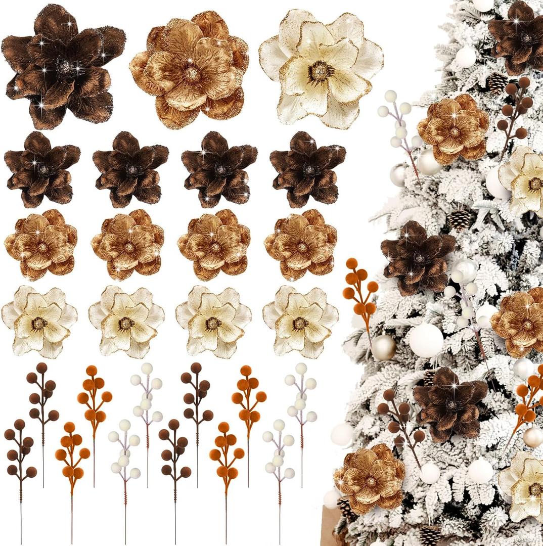 24 Pcs Christmas Ornaments 5.5'' Velvet Magnolia Flower for Christmas Tree 6.3'' Spheres Ball Pick Stem Artificial Magnolia Flower for Xmas Tree Decor (Beige,Brown,Dark Brown)