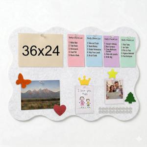 Scalloped Bulletin Board, 36x24 Scalloped Felt Bulletin Board, 3' by 2' Trifold Foldable Picture Display with 20 Pins & 5 Cute Decors - White