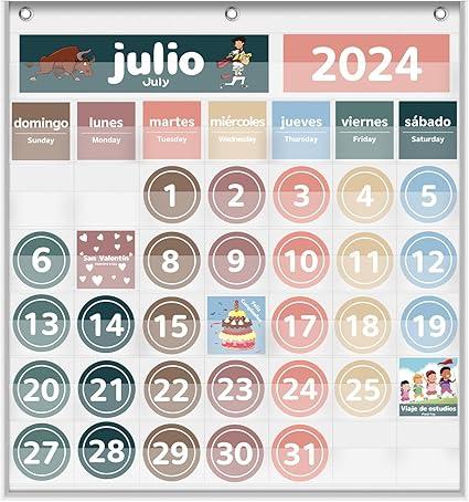 Monthly Calendar Pocket Chart for Classroom, Printed Days of The Week with Cards, Learning for Home or Kindergarten, Teacher Must Have Supplies That Fits Any School Décor (Spanish White)