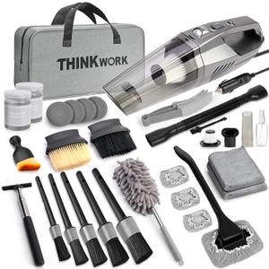 THINKWORK Car Cleaning Kit, Car Detailing Kit Interior Cleaner with High Power Handheld Vacuum, 10Pcs Detailing Brush and Storage Bag, Gray Auto Interior Cleaning Kit for Men, 31pcs With Corded Vacuum