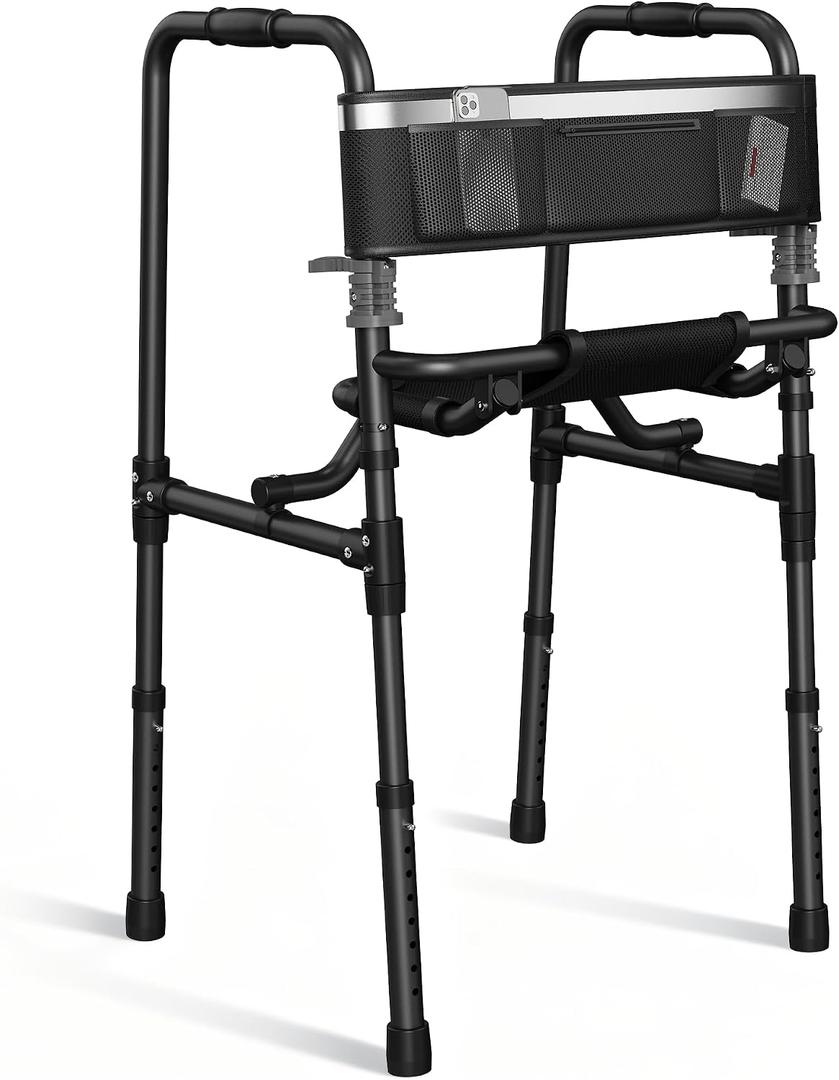 Walkers for Seniors with Seat, Portable Walker with Adjustable Height, 31.4-38.1 Inches, Mobility Aid for Adults, Elderly, and Handicapped, Foldable, Aluminum Frame with Storage Bag, Only 6.6LBS