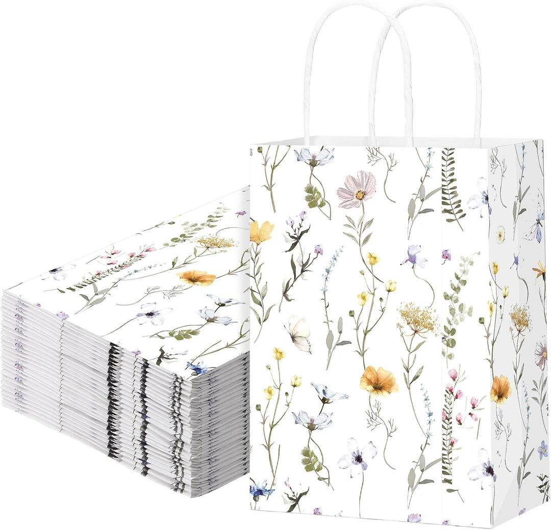 Marspark 24 Pcs Wildflower Paper Gift Bags for Wedding Bridal Baby Shower Engagement Birthday Party Supplies Floral Treat Bag with Handles Candy Goodie Bags for Guests, 8.3'' x 5.9'' x 3.1''