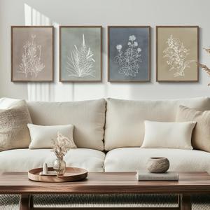 Framed Boho Botanical Wall Art for Living Room, 4 Piece Rustic Floral Canvas Painting Prints, Vintage Minimalist Neutral Flower Artwork for Modern Farmhouse Bedroom Dining Room Office Wall Decor