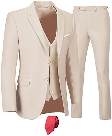 Furuyal Men's Suits 3 Piece Slim Fit Suit Set,Two Button Wedding Business Tuxedo Solid Blazer Jacket Vest Pants with Tie (Champagne, L)