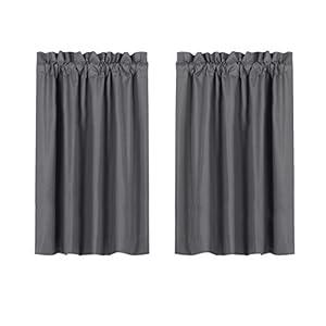 Valea Home Blackout Short Curtains Waterproof Soft Rod Pocket Kitchen Curtains for Bathroom Window Room Darkening Small Curtains for Bedroom, 2 Panels, 45 inch Length, Grey