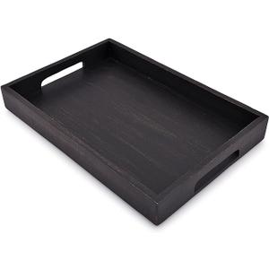 EDHAS Acacia Wood Rectangle Black Serving Tray for Breakfast Dinner Drinks Kitchen Dining Living Bathroom with Handle (15" x 10" x 1.6")