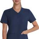 QBK Scrub Top for Women – Soft Stretch V-Neck Scrubs with 2 Inset Slip Pockets and a Curved Hemline, Easy Care, Navy Small