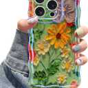 2 x Jusy Compatible with iPhone 11 Pro Max, Colorful Retro Oil Painting Printed Flower Laser Glossy Pattern Cute Curly Wave Phone Case Soft TPU Cover for Girly Women - Green Yellow