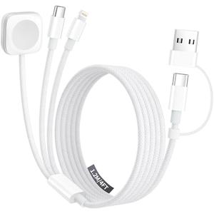Travel Charger for Apple Watch, 3 in 2 Multi Charging Cable/Cord with Lightning/USB C/iWatch Charger, Travel Chargers for Multiple Devices, Compatible with iWatch Series/iPhone 17-8/iPad/AirPods 4FT, White