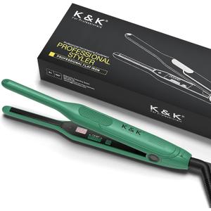 K&K 3/10 inch Plate Small Mini Ceramic Flat Iron Nano Tourmaline Flat Irons for Short Hair Pixie Cut Pencil Straightener for Women Dual Votage (Digital Display, Green)