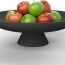 Modern Concrete Pedestal Fruit Bowl Handmade 12" Centerpiece for Kitchen Counter, Coffee Table & Entryway Non-Slip Cork Base, Heavy Duty Home Decor Tray for Keys, Storage Black