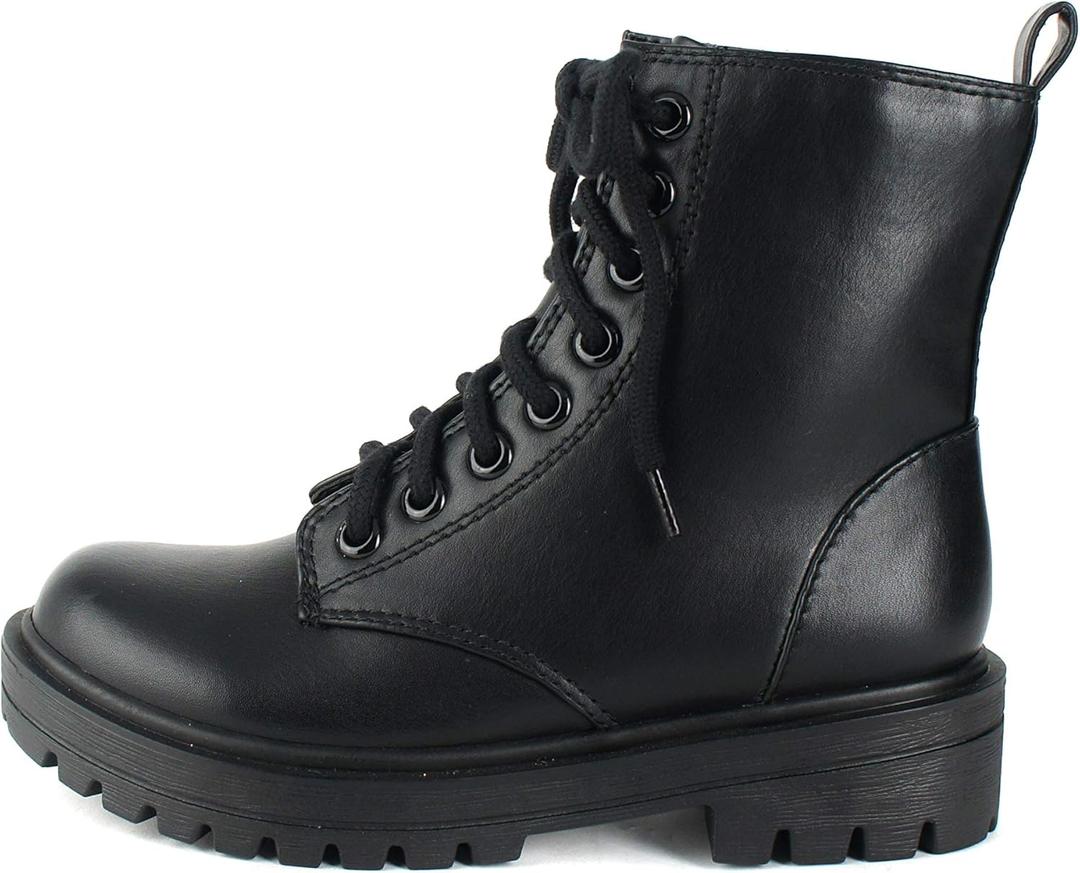 Soda FIRM - Lug Sole Combat Ankle Bootie Lace up w/Side Zipper (6, Black)