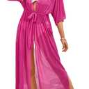 OYOANGLE Women's Beach Kimono Cover Ups Mesh Sheer Tie Waist Short Sleeve Long Cardigans Resort Wear (Large, Hot Pink)