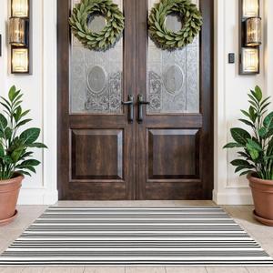 Outdoor Front Door Mat 3'x5', Black and White Cotton Hand Woven Striped Rug,Reversible Washable Front Porch Rug, Foldable Layered Doormat for Entryway/Home Entrance/Farmhouse
