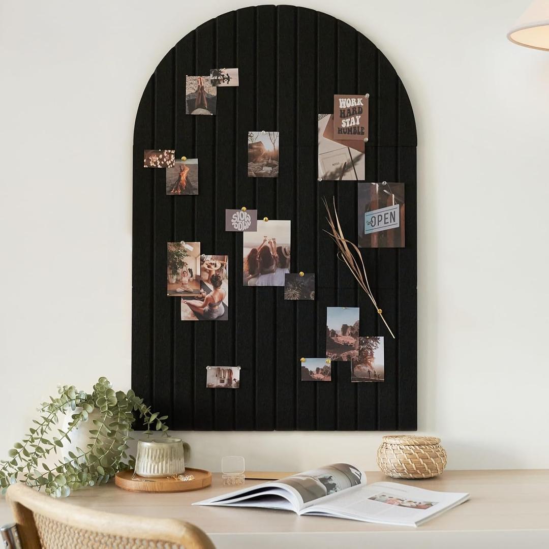 Large Arched Felt Bulletin Board - Stylish Perfectly Sized 35" x 24" Cork Board Alternative for Office & Wall Decor  6 Customizable Adhesive Tiles with Pins are Perfect to Display Your Photos (Black)