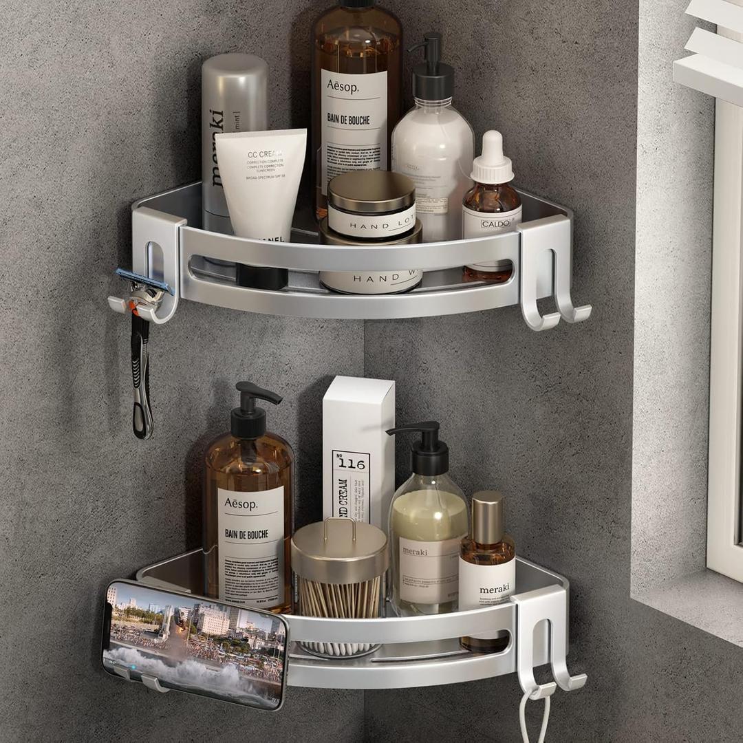 VOLPONE Shower Corner Shelf Caddy 2 Pack Shower Organizer Corner No Drill Shower Storage Rust Proof Bathroom Corner Wall Shelf Shampoo Holder Silver