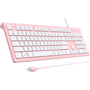 Computer Keyboard Wired, Plug Play USB Keyboard, Low Profile Chiclet Keys, Large Number Pad, Caps Indicators, Foldable Stands, Spill-Resistant, Anti-Wear Letters for PC Laptop (Pink, 1-Pack)
