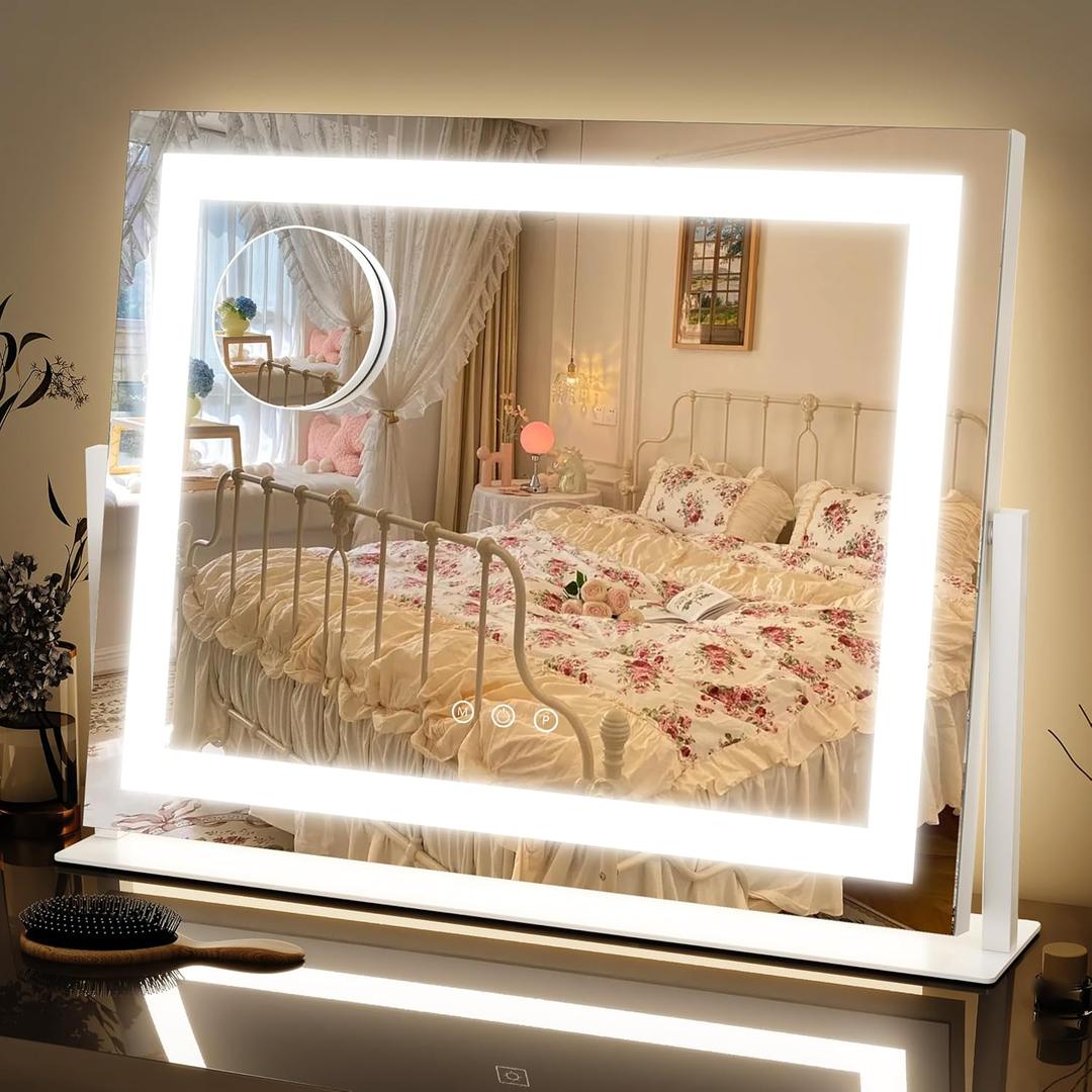 FENNIO Vanity Mirror with Lights 22''x18'' Makeup Mirror with Lights,Lighted Makeup Mirror with 10X Magnification and USBSmart Touch Screen with 3-Color Lighting,DimmableSquare White