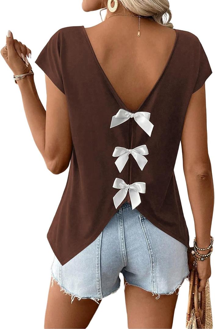 RoseSeek Women's V Neck Bow Backless Tops Cap Sleeve Elegant Casual Tshirt (Brown, XS)
