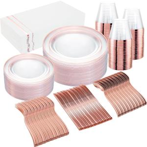 GATHER 350PCS Rose Gold Plastic Plates - Disposable Rose Gold Dinnerware Includes 100 Clear Rose Golds Rimmed Plastic Plates, 150 Silverware, 50 Napkins, 50 Cups for Party, Wedding, Mother's Day