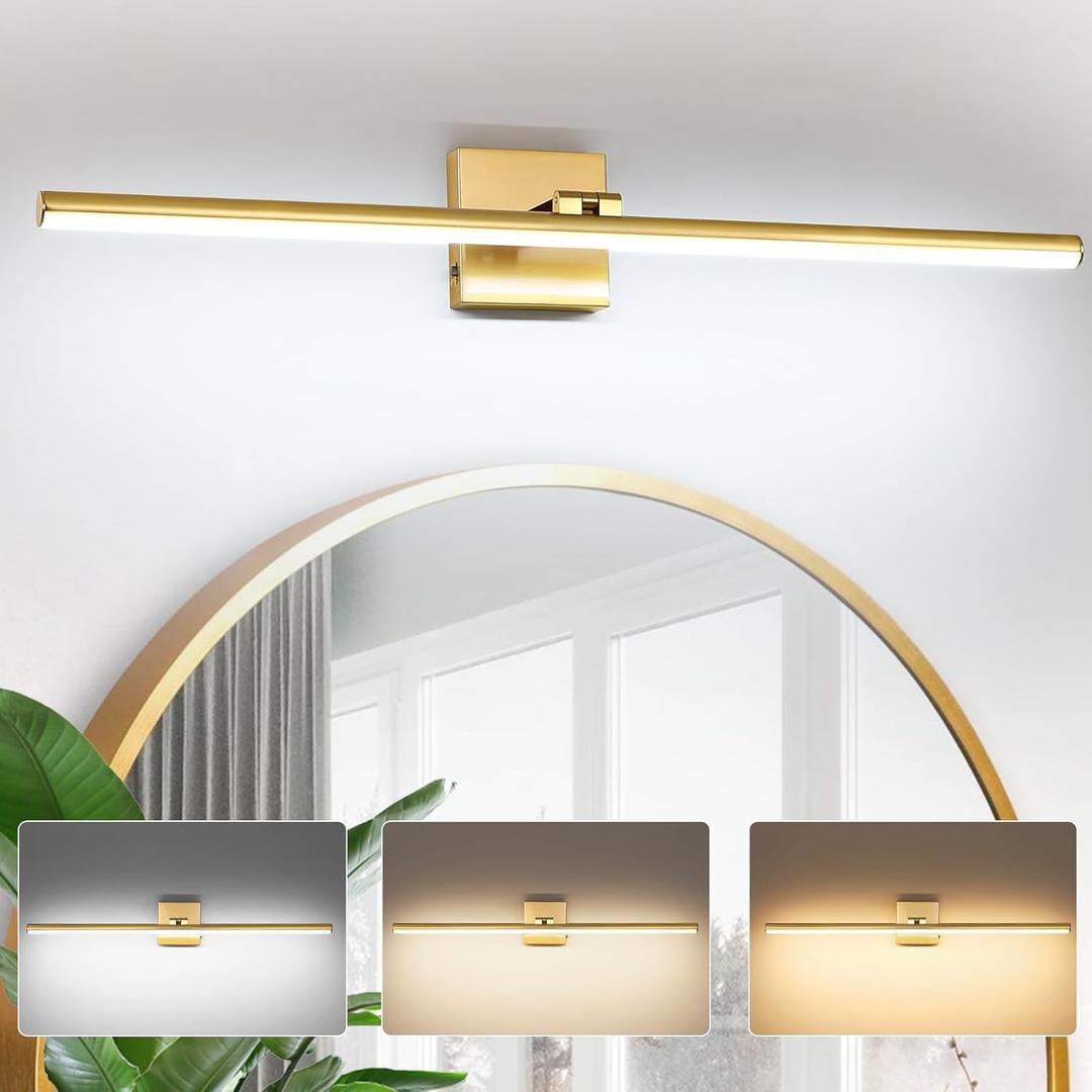 32 Inch LED Bathroom Vanity Light (3000K/4000K/6000K, Dimmable), Brass Modern Bathroom Light Fixture Over Mirror, Vanity Light Bar with Angle Adjustable