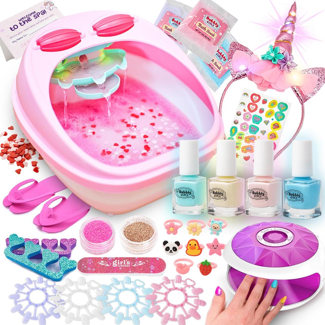 Glow in Dark Kids Spa Day Kit for Girls, 42+ Pieces Waterfall Foot Spa Toys, Nail Spa Kit, Pedicure Manicure Accessories, Perfect Spa Kit for Girls Ages 6 7 8 9 10 11 12, Fun Birthday, Christmas Gifts