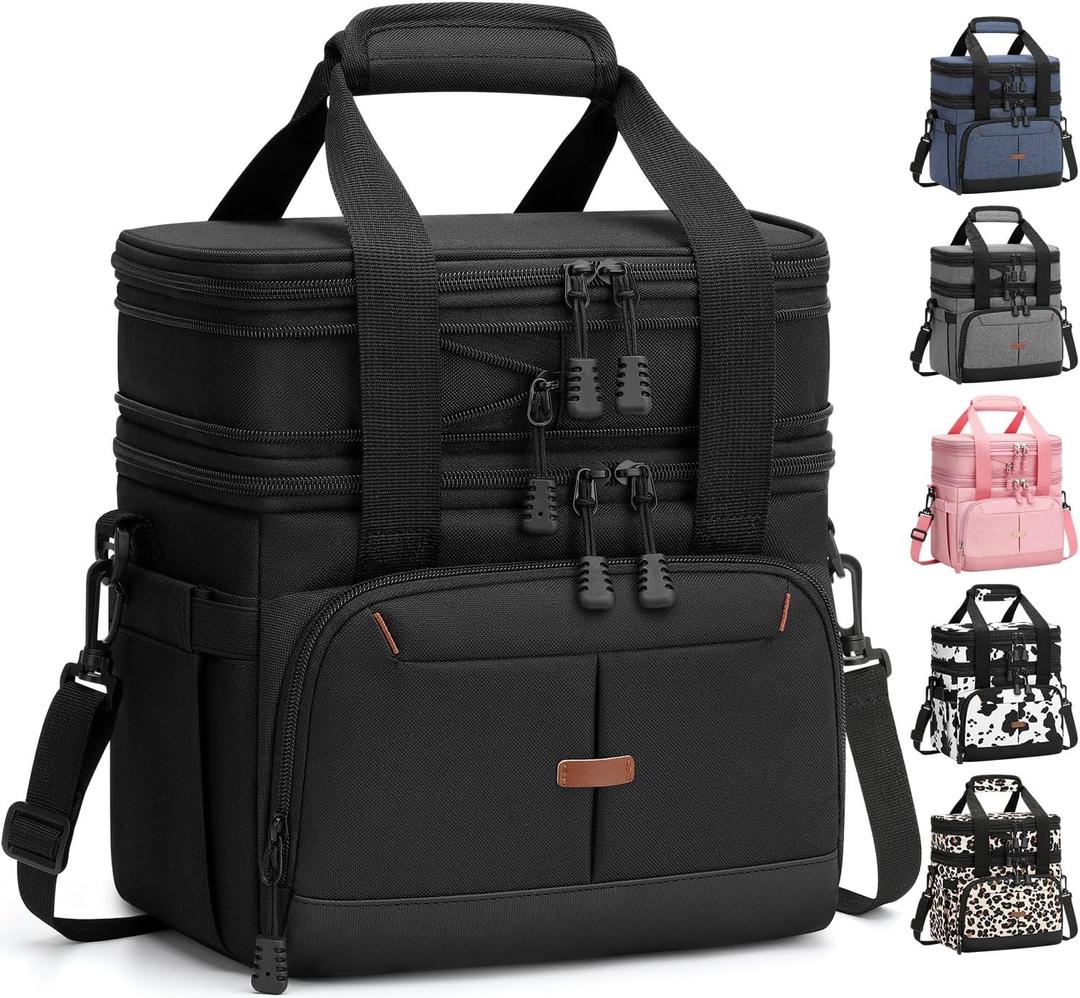 Pritent Lunch Box For Men Women Double Deck Insulated Lunch Bag For Men Woman Leakproof Expandable Cooler Bag with Adjustable Shoulder Strap for Work Picnic School(Black,Medium)
