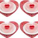 Jinei 8 Pcs Valentine's Day Tableware Set Include Large Pink Heart Ceramic Flat Plates White Dinner Ceramic Plates Red Heart Dish Bowls and Place Mats for Wedding Anniversary Party Decorations