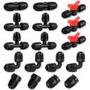 RedChili 17 Pcs 1/2 Inch Irrigation Tubing Fittings Kit, (1/2" ID x0.6-0.65" OD) 16mm Drip Tubing Barbed Locked Nuts Connectors with 2 Couplings 4 Tees 2 Ends 4 Elbows 3 Valves 2 Faucet Adapters