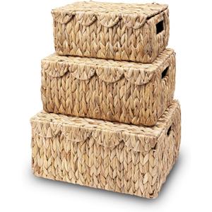 Set of 3 Scalloped Edge Wicker Basket with Lid, Rectangle Wicker Storage Basket with Built-in Handles, Multipurpose Organizer Rattan Display Boxes for Shelf, Nursery Room