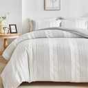 WARMDERN Light Grey Striped Weave Duvet Cover Queen Size, White Knit Boho Duvet Cover Set, Microfiber Textured Bedding Set with Zipper Closure and Corner Ties (Light Grey, Queen)