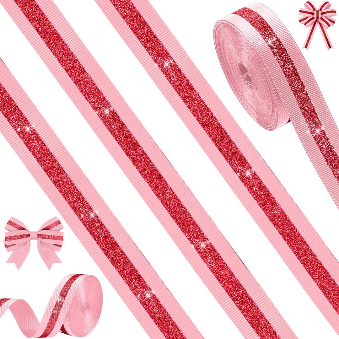 Tegeme 10 Yards 7/8 Inch Cheer Ribbon Pink and Red Glitter Football Ribbon Team Spirit Roll Polyester Craft for Cheerleading Sport Event DIY Mom Gift Wrapping Hair Bows Wedding Birthday Party Supplies