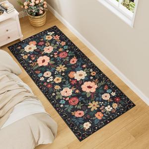 DUKINO 2x5 Runner Rug for Hallway, Washable Kitchen Floral Runner Rug with Non Slip Backing, Low Pile Soft Boho Carpet for Kitchen, Hallway, Entryway, Laundry, Bedroom, Black