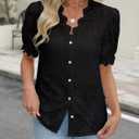 Women Lace Tops Summer V Neck Dressy Casual Button Down Blouses Ruffle Short Sleeve Business Work Shirts (Black, M)