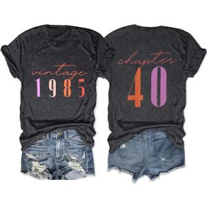 40th Birthday Shirts for Women Vintage 1985 T Shirt Casual Short Sleeve Birthday Party Outfits Tops (XX-Large, N-dark Gray)