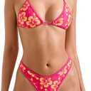 SUUKSESS Women Sexy Thong String 2 Piece Bikini Set Cheeky Halter Swimsuit (71 Pink Yellow Floral)