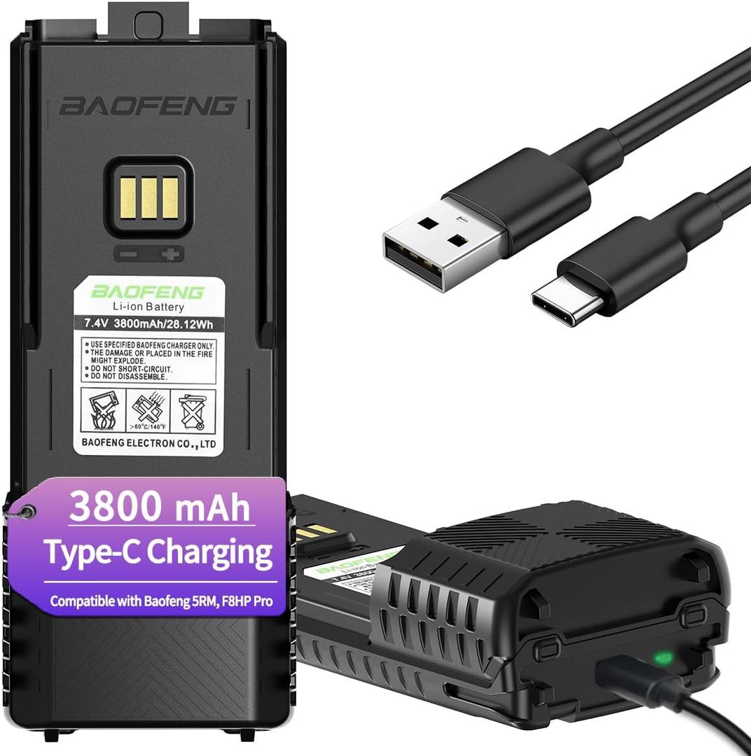 BAOFENG BF-F8HP PRO AR-5RM Battery Rechargeable 3800mAh Extended Battery Compatible with UV-5G Plus,UV-5RH PRO GPS,5RM,GM-5RH GMRS USB-C Charger for Ham Radio Handheld Walkie Talkies Accessories