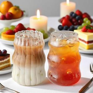 2 Pcs Ribbed Glass Cups 18 Oz Vintage Drinking Glassware Bubble Cups Drinking for Iced Coffee Cup Matcha Juice Milk Iced Latte Wavy Cup Glasses Tumbler Aesthetic Cute Glass Cup Unique Cocktail Glasses