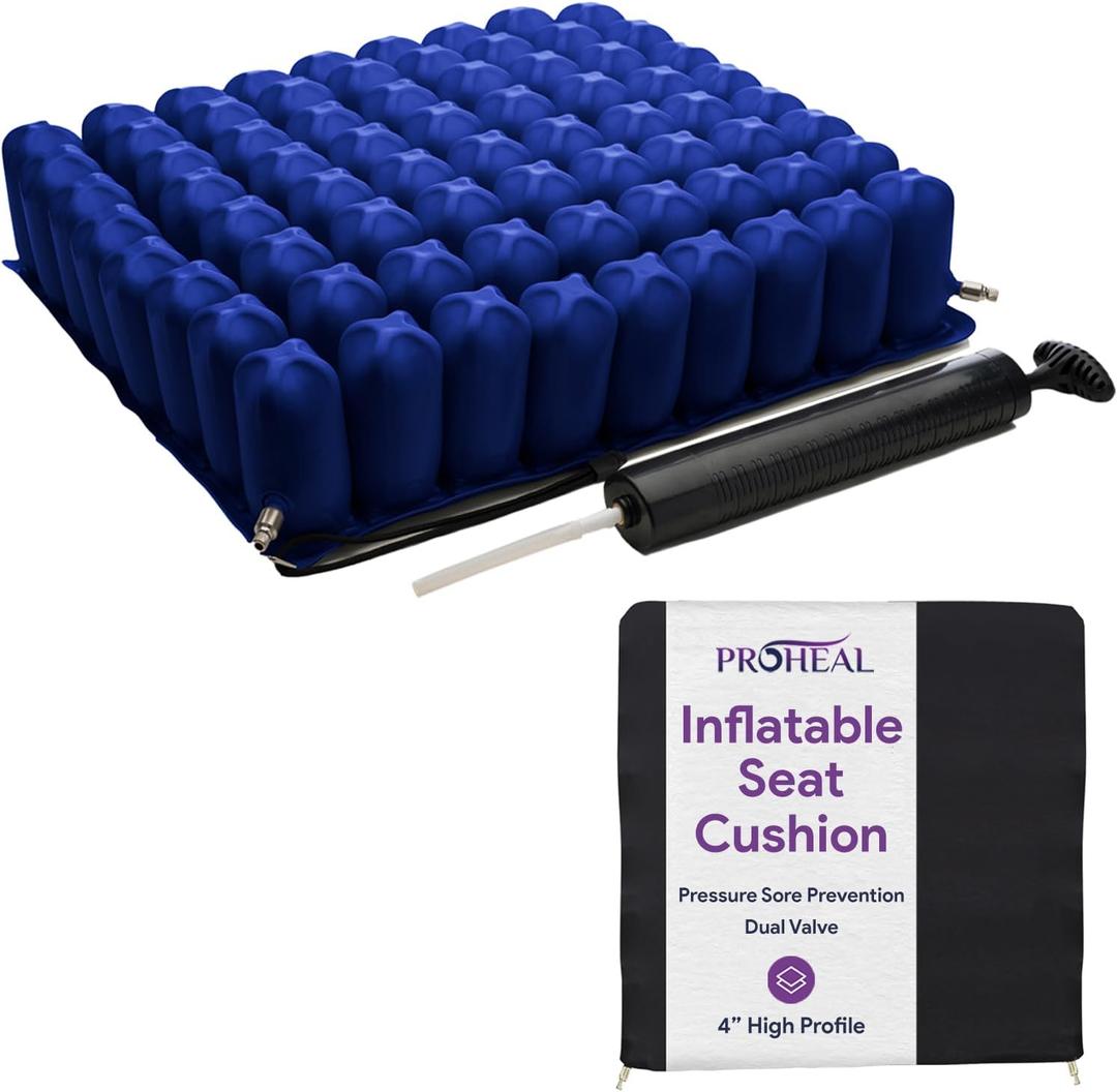 Inflatable Wheelchair Seat Air Cushion - 16" x 16" - High Profile - Pressure Sore and Ulcer Treatment - Dual Valve for Pressure Redistribution - Includes Pump, Nylon Cover, and Repair Kit