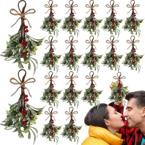 16 Pcs Christmas Mistletoe Decor Artificial Mistletoe Picks Snowy Berry Branches 8.66 Inch Hanging Ornament Glitter Rustic Christmas Tree Decorations