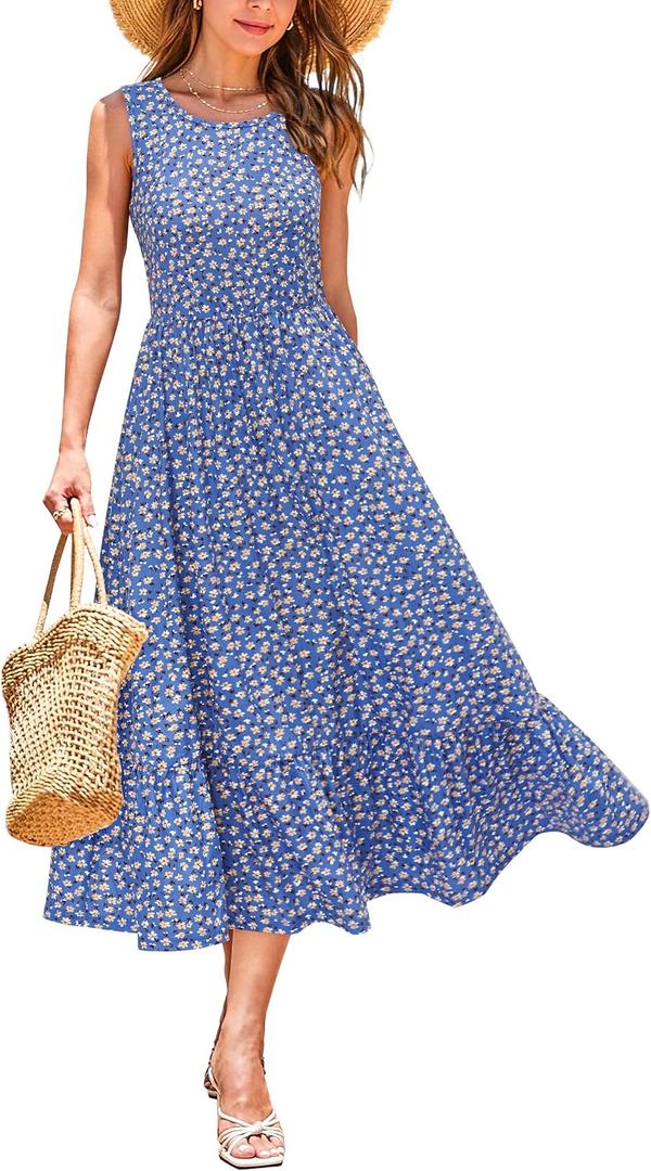 STYLEWORD Women's Summer 2026 Casual Short Sleeve Tiered Flowy Spring Dress Long Midi Beach Sundress Vacation Outfits (M, Sleeveless - Blue Yellow Floral)