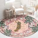Washable Pink Rugs Thin Oriental Boho Vintage Cute Tropical Leopard 4ft Round Area Rugs for Bedroom Kitchen Dining Living Room Office Indoor Entryway Distressed Nursery Circle Carpet