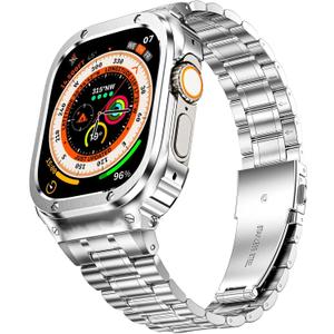 MioHHR Stainless Steel Watch Band with Case Compatible with Apple Watch Ultra 2 1(49mm),Rugged Strap with Metal Protective Bumper Cover for iWatch Band Men(Silver), Size: 49mm(Ultra 2 1）