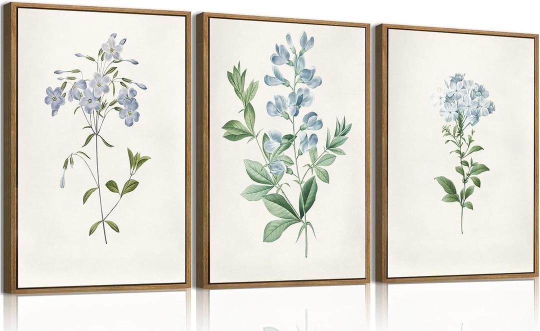 SongZest 3 Piece Blue Floral Framed Wall Art Boho Botanical Canvas Art Prints Vintage Flower Pictures Wall Decor Minimalist Rustic Paintings Artwork for Living Room Bedroom Bathroom 16x24in